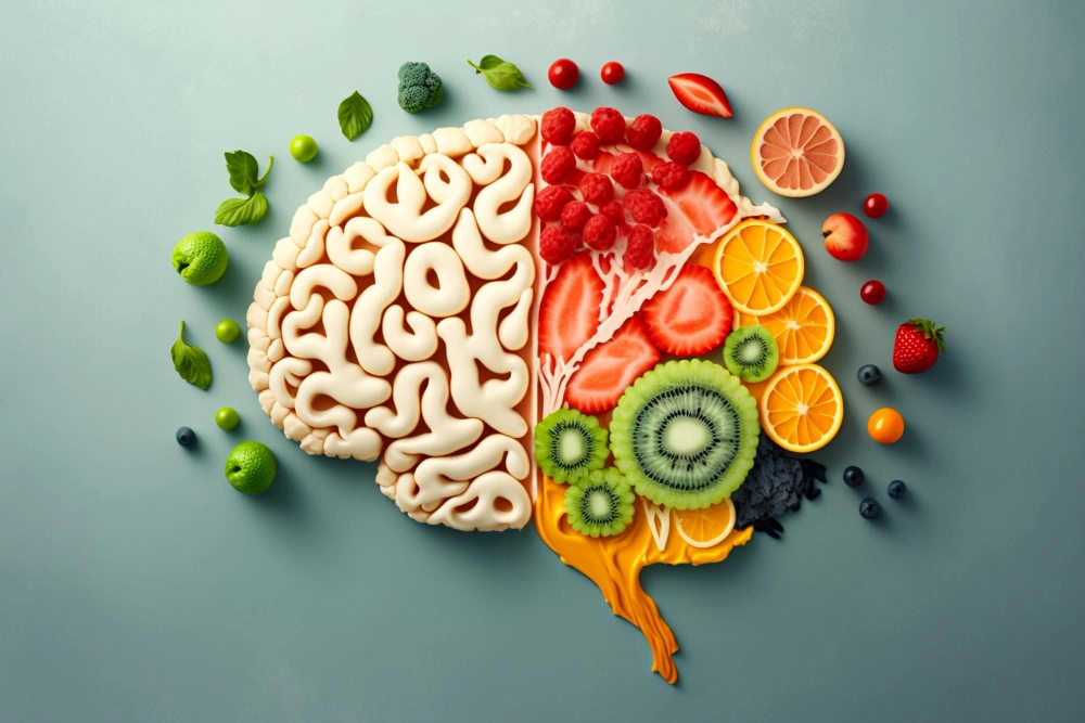 A brain made of fruits and vegetables with the words - granola - on the top