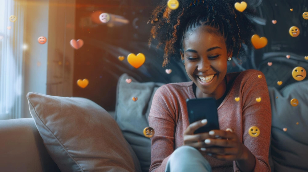 A happy Black woman uses her smartphone while sitting on a couch Social media icons including hearts and smiley faces float around her device