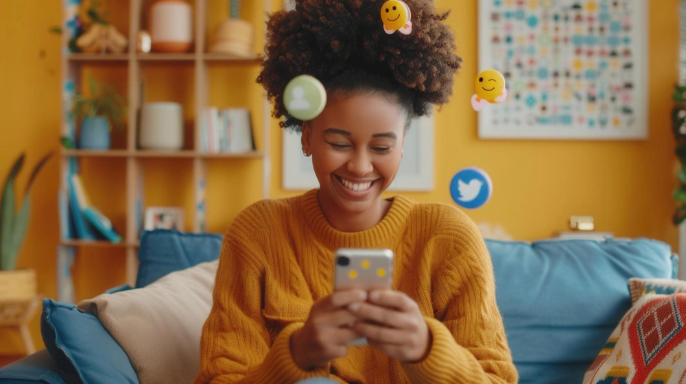 A smiling Black woman uses her smartphone on a couch at home surrounded by digital icons representing social media activity and ecommerce