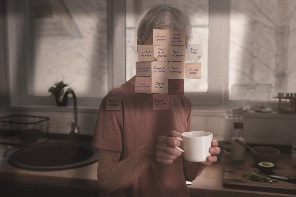 Side view man posing with notes on face