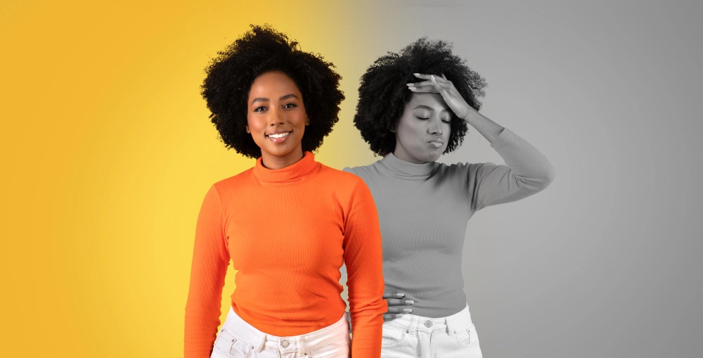 Black woman stands confidently on the left with a bright yellow background embodying positivity on